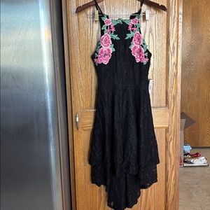Jodi Kristopher Black Lace Dress with Delicate  Pink Floral Design, High-Low Hem